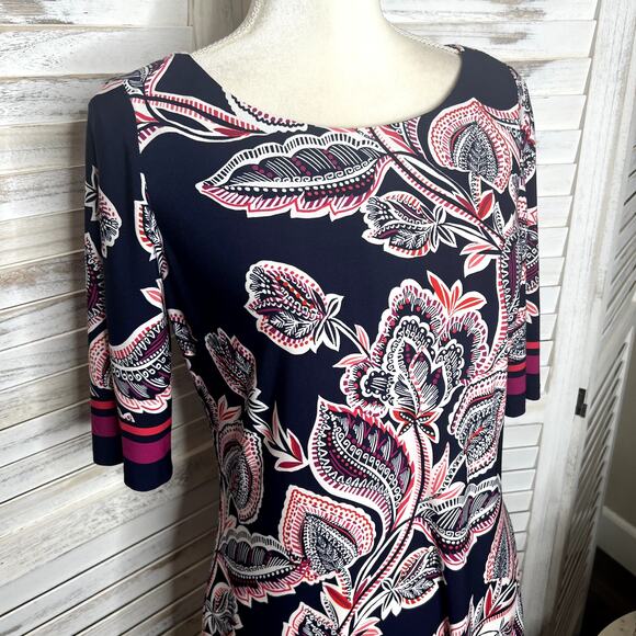 Eliza J Bold Floral Print Knee Length Shift Dress Navy 6 Elbow Sleeves 6 Bandana - Picture 9 of 15
